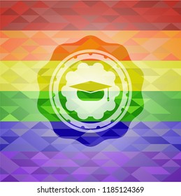 graduation cap icon on mosaic background with the colors of the LGBT flag
