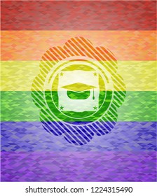 graduation cap icon on mosaic background with the colors of the LGBT flag