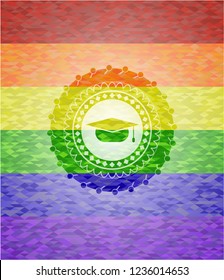 graduation cap icon on mosaic background with the colors of the LGBT flag