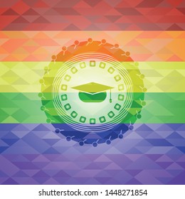 graduation cap icon on mosaic background with the colors of the LGBT flag