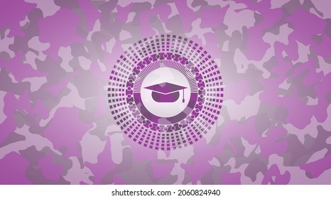 graduation cap icon on pink camo pattern. 