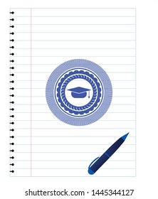 graduation cap icon pen effect. Blue ink. Vector Illustration. Detailed.