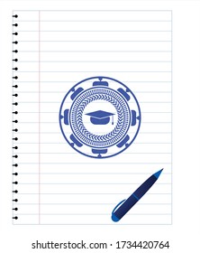 icono del capuchón de graduación pinza emblema. Tinta azul. Ilustración vectorial. Detallado. 