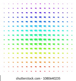 Graduation Cap icon rainbow colored halftone pattern. Vector graduation cap symbols arranged into halftone grid with vertical spectral gradient. Designed for backgrounds,