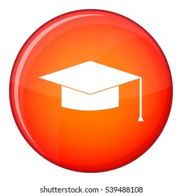Graduation cap icon in red circle isolated on white background vector illustration