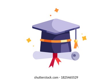 Graduation cap icon with scroll in flat style.