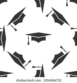 Graduation cap icon seamless pattern on white background. Graduation hat with tassel icon. Flat design. Vector Illustration