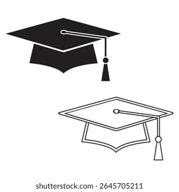 Graduação Cap Icon Set - Símbolos acadêmicos Mortarboard em estilos sólidos e de contorno