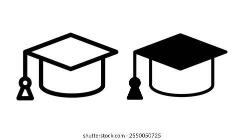 Graduation cap Icon set in black filled and line.