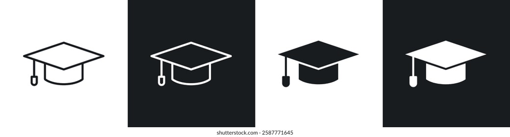Graduation cap icon set black and white colors. Graphic Vector icons pack