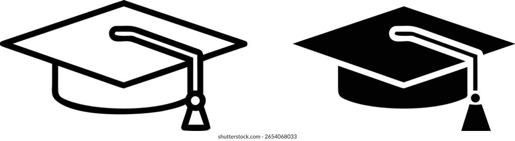 Graduation Cap Icon Set Black White Outline Silhouette Vector Academic Hat Education Success Illustration