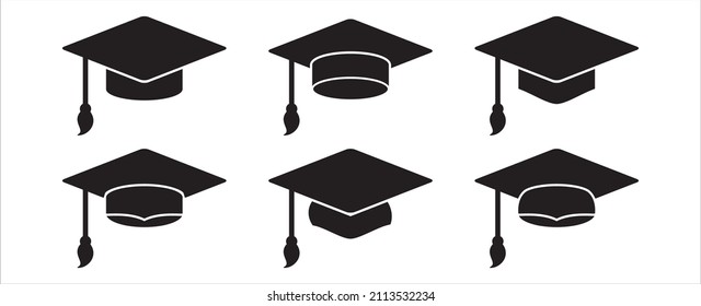 Graduation Cap Icon Set. Diploma, Bachelor Or Master Achievement Symbol. Mortarboard Hat Vector Set. Flat Simple Design Illustration