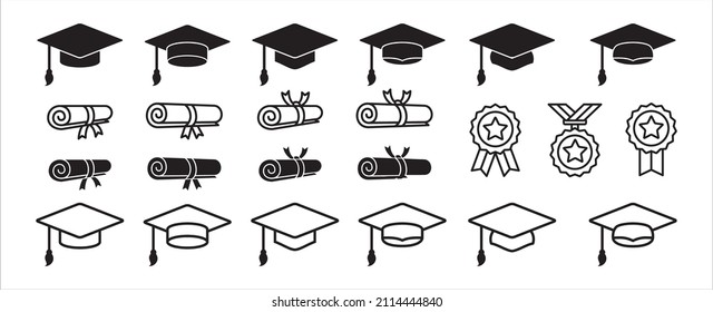 Graduation cap icon set. Diploma, bachelor or master achievement symbol. Mortarboard hat sign. Scroll and medal award vector set.