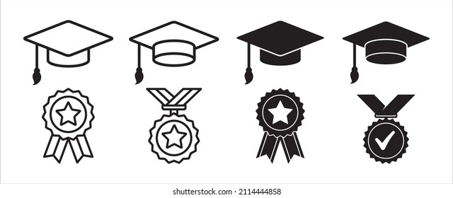 Graduation cap icon set. Diploma, bachelor or master achievement symbol. Mortarboard hat and medal rosette sign. Vector stock illustration