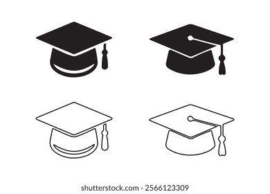 Graduation cap icon set filled and outline silhouette vector on a white background.