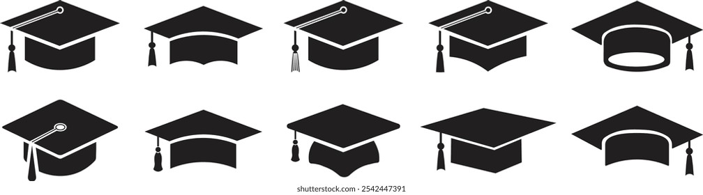 Graduation cap icon set. glyph version, student hat flat vector sign collection isolated on transparent background. Academic cap pictogram. Education symbol logo different style web design.