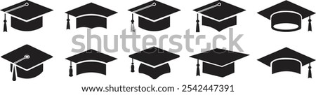 Graduation cap icon set. glyph version, student hat flat vector sign collection isolated on transparent background. Academic cap pictogram. Education symbol logo different style web design.