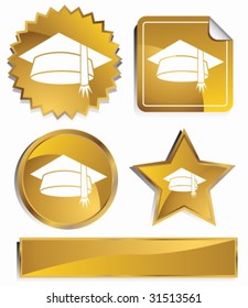 Graduation Cap Icon Set : Gold satin metal buttons in star, starburst, circle and sticker, label shapes.