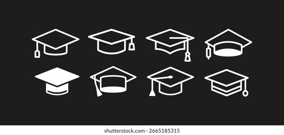 Conjunto de iconos de tapa de graduación aislado. Sombrero de estudiante. Diseño sencillo. Sombrero de graduación de línea y glifo. Colección de mortero 
