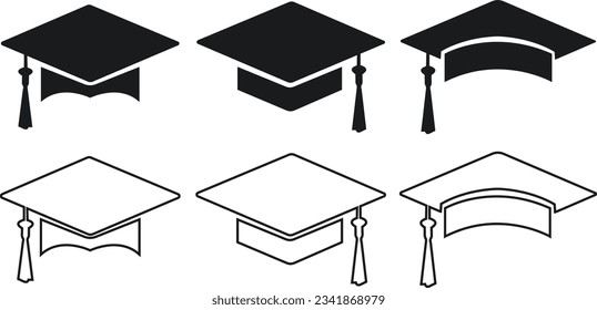 Graduation cap icon set. line and glyph version, student hat outline and filled vector sign. Academic cap linear and full pictogram. Education symbol, logo. Different style icons.