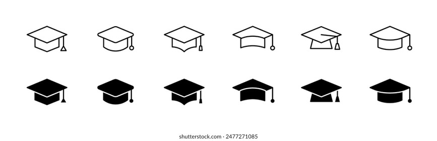 Abstufungskappensymbol gesetzt. Linie und Glyphe Graduierung Hut. Mortarboard-Kollektion