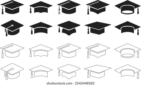 Graduation cap icon set. line and glyph version, student hat flat vector sign collection isolated on transparent background. Academic cap pictogram. Education symbol logo different style web design.