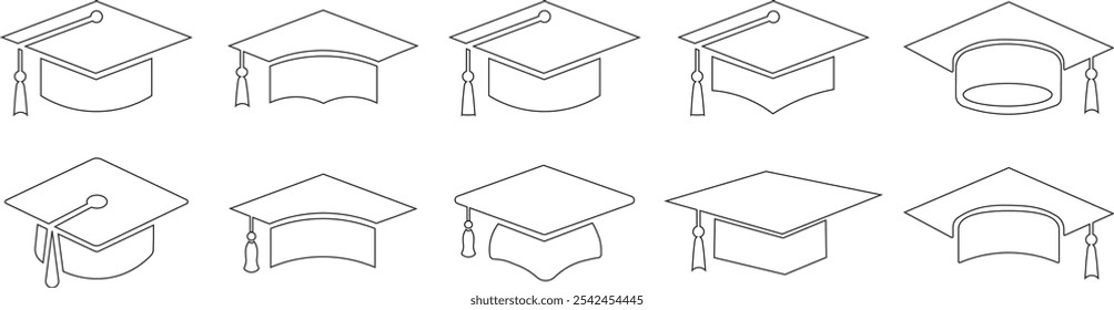 Symbolsatz für Abschlussgrenze. Linie und Glyphenversion, Studentenhut, Vektorzeichensammlung einzeln auf transparentem Hintergrund. Piktogramm für akademische Oberteile. Bildung Symbol Logo verschiedenen Stil Web-Design.