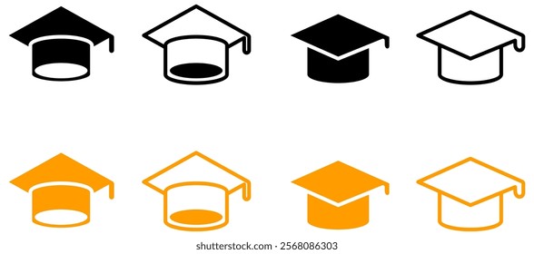 Graduation cap icon set. Line and glyph graduation hat. Mortarboard collection