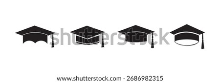Graduation cap icon set. Mortarboard collection. Flat, Glyph, and Minimalist Education Symbols. vector illustrator
