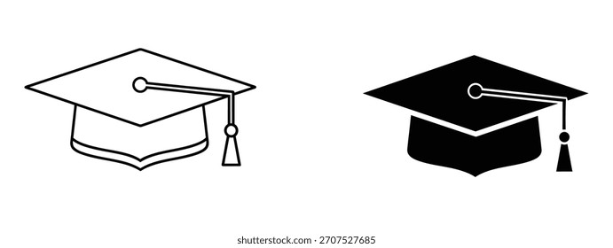 Conjunto de iconos de tapa de graduación, contorno y estilo relleno, símbolo de educación