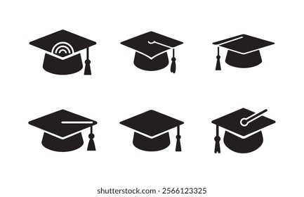 Graduation cap icon set silhouette vector on a white background