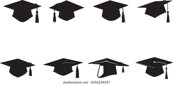 Graduation cap icon set. Set of graduation cap silhouettes. 