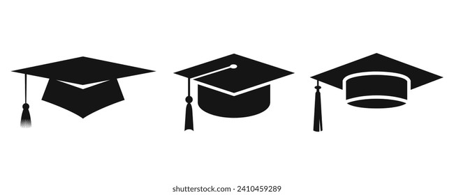 Graduation cap icon set. University or college graduation hat icons. Student graduation cap diploma vector illustration