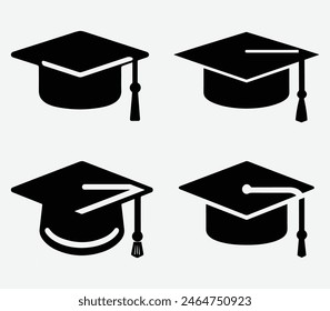 Graduation cap icon set. University or college graduation hat icons. Student graduation cap diploma vector illustration.