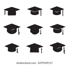 Graduation cap icon set. University or college graduation hat icons. Student graduation cap diploma vector illustration.