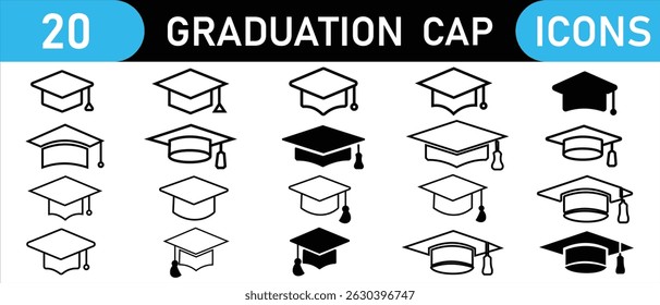 Graduation cap icon set. Graduation cap icon, university or college graduation hat logo, Line and glyph graduation hat. Diploma hat vector icon.