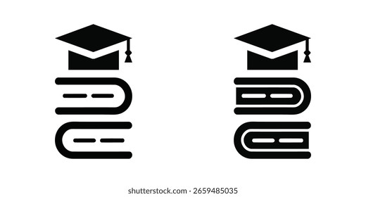Graduation Cap Icon gestapelte Bücher stoppen, akademische Leistung, Bildung, Lernkonzept, fett, einfach, schwarzer Vektor.