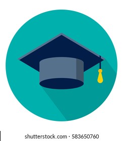 Graduation cap icon in trendy flat style. Flat design in stylish colors. Isolated. Long Shadow. Simple circle icon. EPS10.