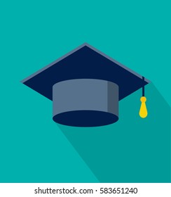 Graduation cap icon in trendy flat style. Web site page and mobile app design element. Flat design in stylish colors. Isolated. Long Shadow. 