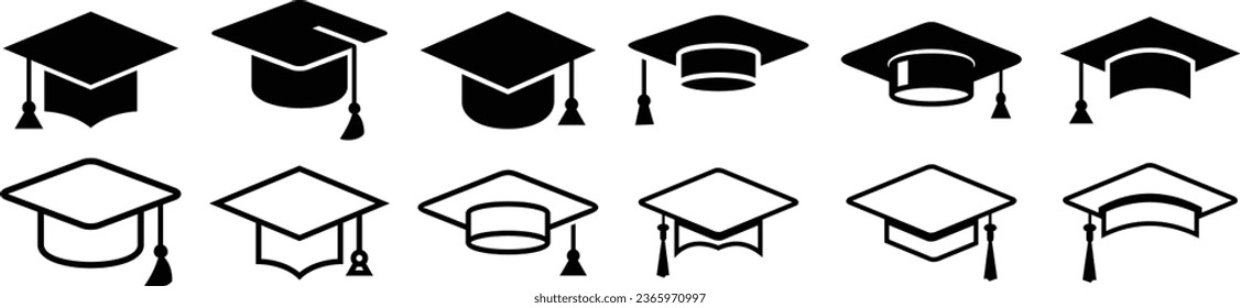 icono del gorro de graduación, logotipo de sombrero de graduación universitaria o universitaria, diploma de título de graduación, ilustración vectorial