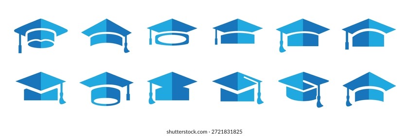 Vector del icono del casquillo de la graduación. Gorra de graduación de estilo de color azul 3D. Educación y símbolos académicos para la escuela, el aprendizaje y los temas de éxito Ilustración vectorial