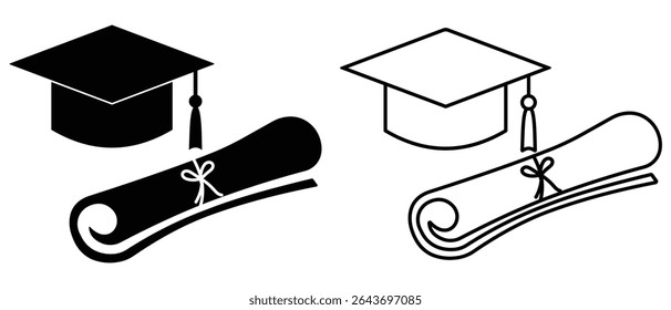 Graduation cap icon vector and diploma hat icon set. College, school, university graduation ceremony cap with certificate. Vector illustration.