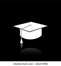 Graduation cap icon - vector illustration with reflection isolated on black
