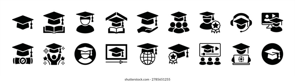 Graduation cap icon vector set. Contains college, diploma, education, university, academic, student hat, ceremony, celebration, achievement, success, learning, college, scholar - illustration
