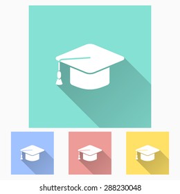 Graduation cap - icon is white with long shadow, flat design. Vector illustration.