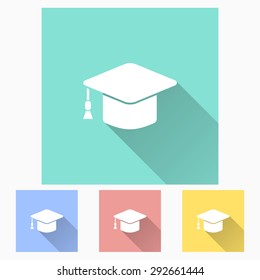 Graduation cap - icon is white with long shadow, flat design. Vector illustration.