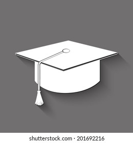 Graduation cap icon - white vector illustration with shadow on gray background