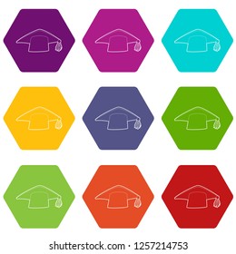 Graduation cap icons 9 set coloful isolated on white for web