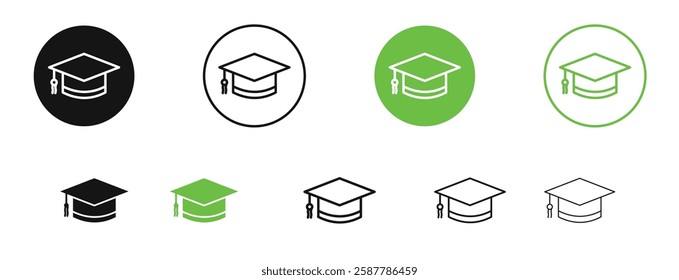 Graduation cap icons in black and green colors collection