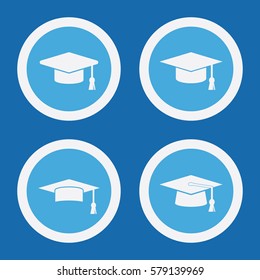 Graduation Cap Icons In Blue Circles. Simple Vector Symbols